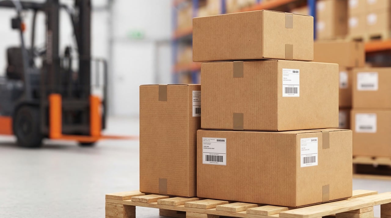 Cardboard boxes stacked on a wooden pallet in a warehouse